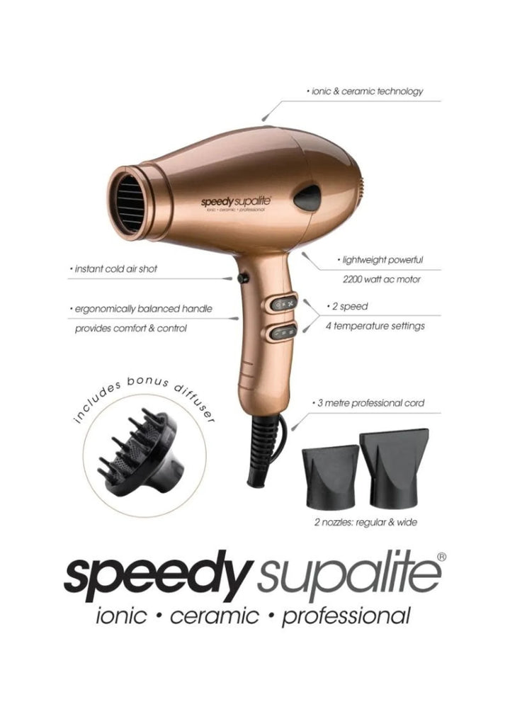 Speedy Ceramic Supalite Hair Dryer - Gold (With Diffuser)